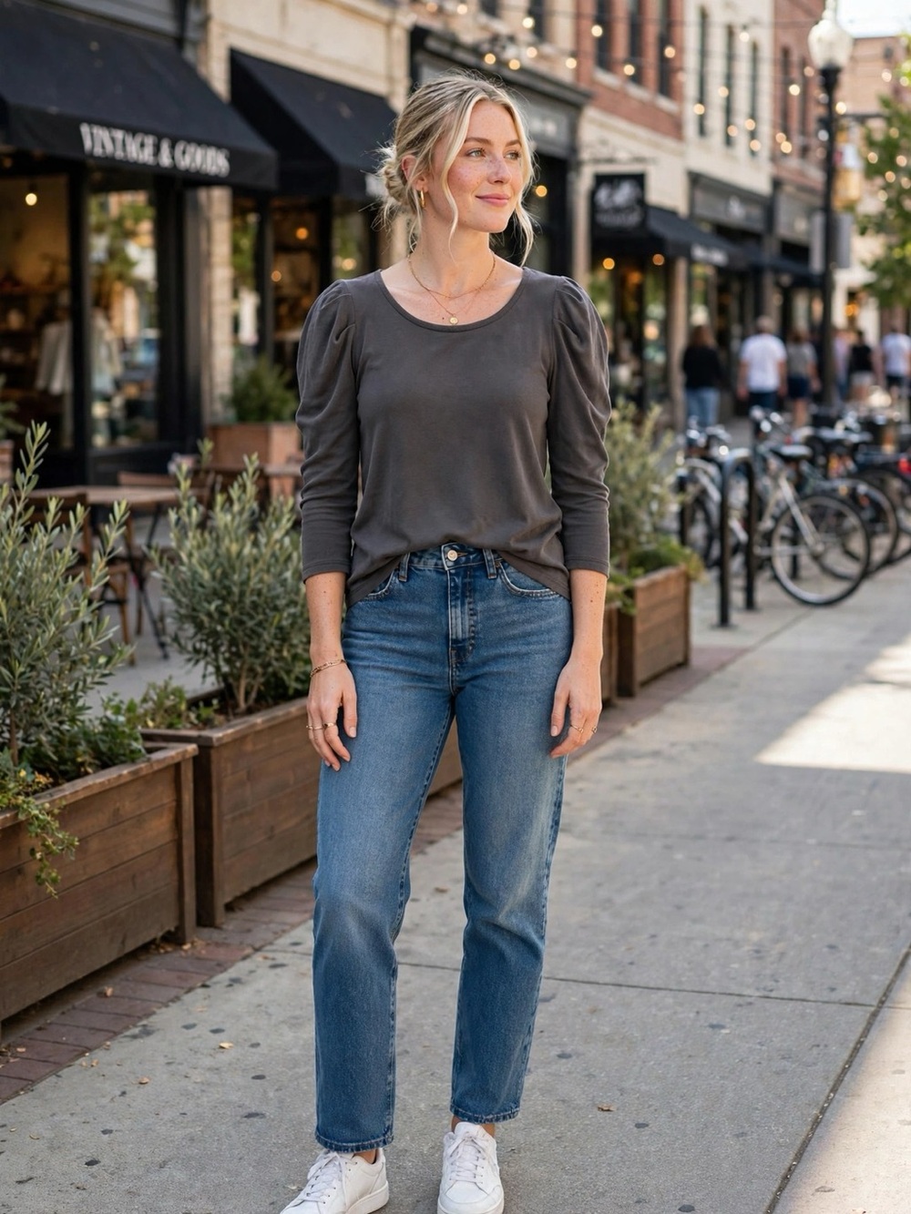 Black Bull Charcoal Puff Sleeve Top Scoop Neck 3/4 Sleeve Casual Basic | Size M
